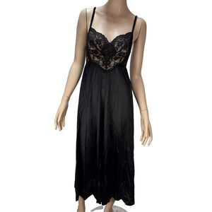 Olga Vintage Night Gown Black Satin Nylon Size S Lace Sheer Bodice Maxi Long